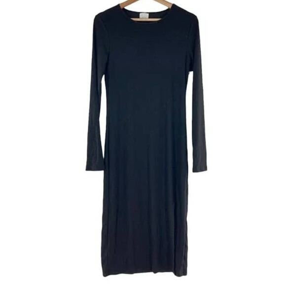 Abound Side Slit Rib Knit Long Sleeve Round Neck Midi Dress Sz Small Black NWT - Picture 2 of 7